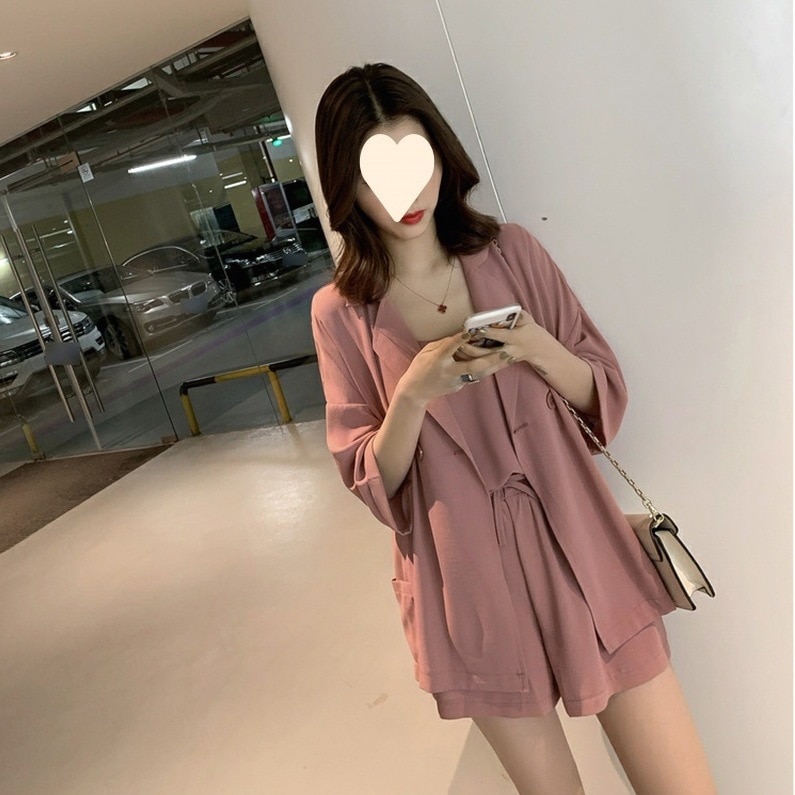 セットアップ ジャケット キャミソール パンツ ショートパンツ ショート丈 七分袖 ハイウエスト ルーズ 3点セット 上下セット 韓国 レディース かわいい 可愛い キュート 大人可愛い