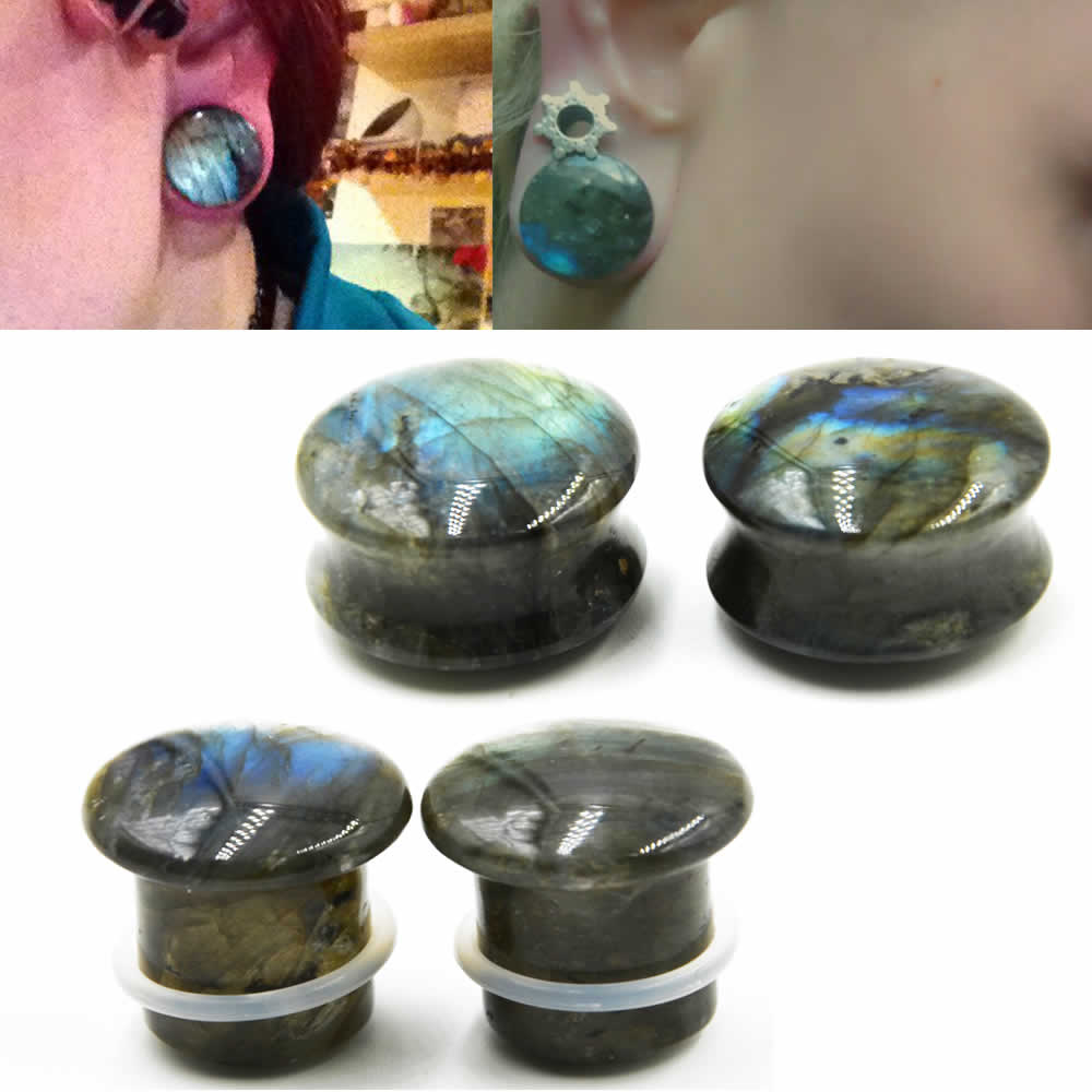 [0G 00G 12mm 14mm 天然石 ボディピアス] ラブラドライト ダブルフレア プラグ ボディーピアス 穴開き メンズ レディース 0ゲージ 00ゲージ 12.0mm 12ミリ 14.0mm