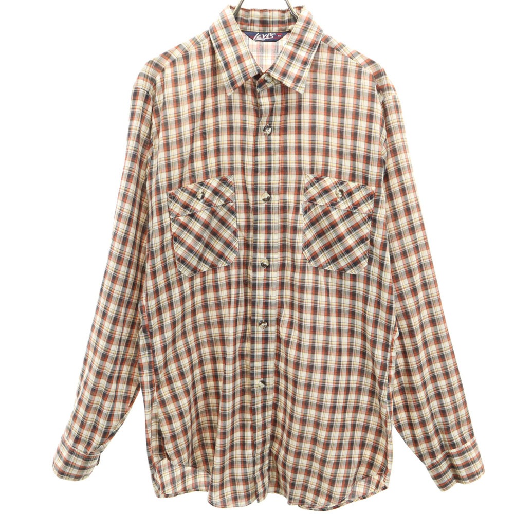 70s ヴィンテージ チェック柄 長袖 シャツ M ブラウン系 メンズ