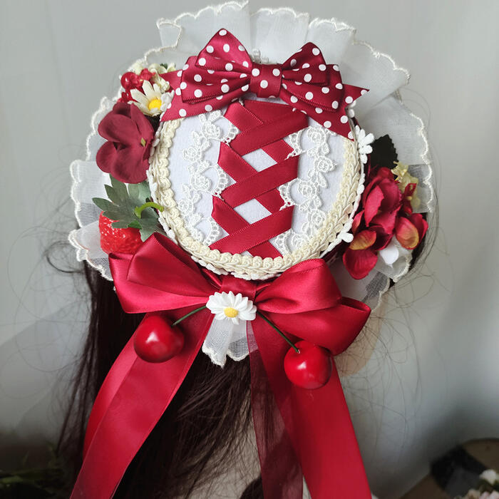 【急速出荷】帽子 レディース ロリータ ハンドメイド シルクハット レッド ピンク ヘアアクセサリー ゴシック ガーリー cla系 森ガール 華ロリ 春 夏 レッド ピンク 甘ロリ 華やか かわ