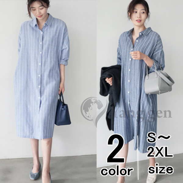 シャツワンピース幸せの入り口ロング丈がブラウス ロングシャツ ワンピース ストライプ サイドスリット 襟付き 長袖 ロールアップ レディース 春夏 秋 大人可愛い 体型カバー 着痩せ 大きいサイズ カ 4,679円