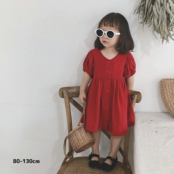 【新品】ぽわん袖 赤前ボタンブラウスワンピース 80 90 100 110 120 130cm