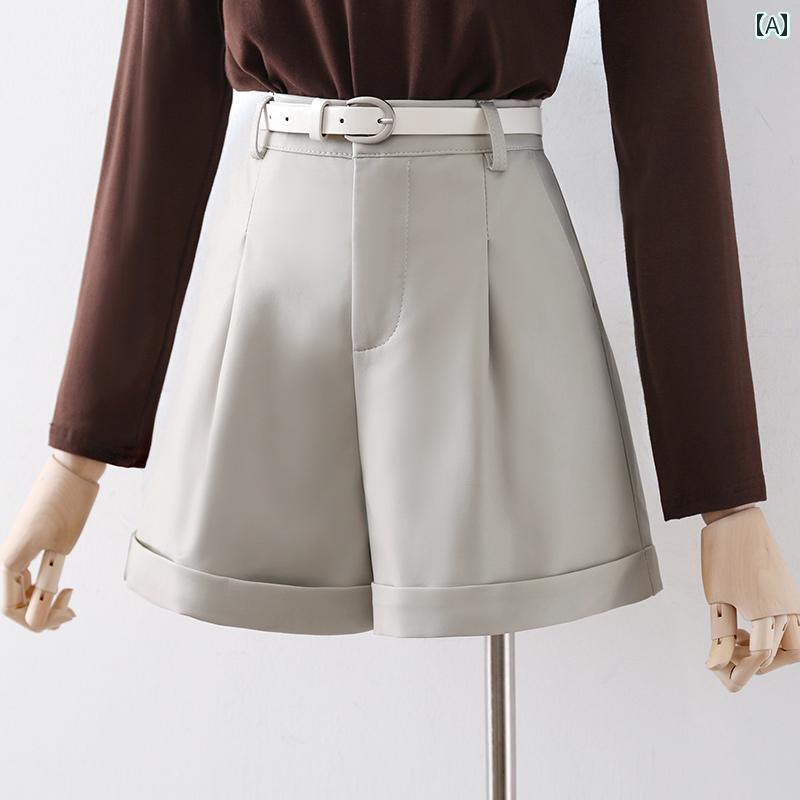 レディース カジュアル パンツ ショート 秋冬 ハイウエスト a ライン スリム ワイド レッグ PU レザーワーク ショーツ