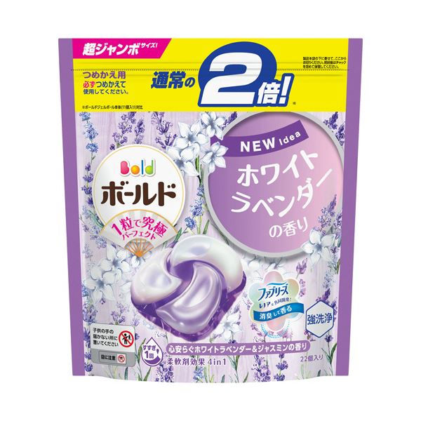 （まとめ） P＆Gボールド ジェルボール4D つめかえ用 超ジャンボ 心安らぐホワイトラベンダー＆ジャスミンの香り 1パック（22個） [x5セット]