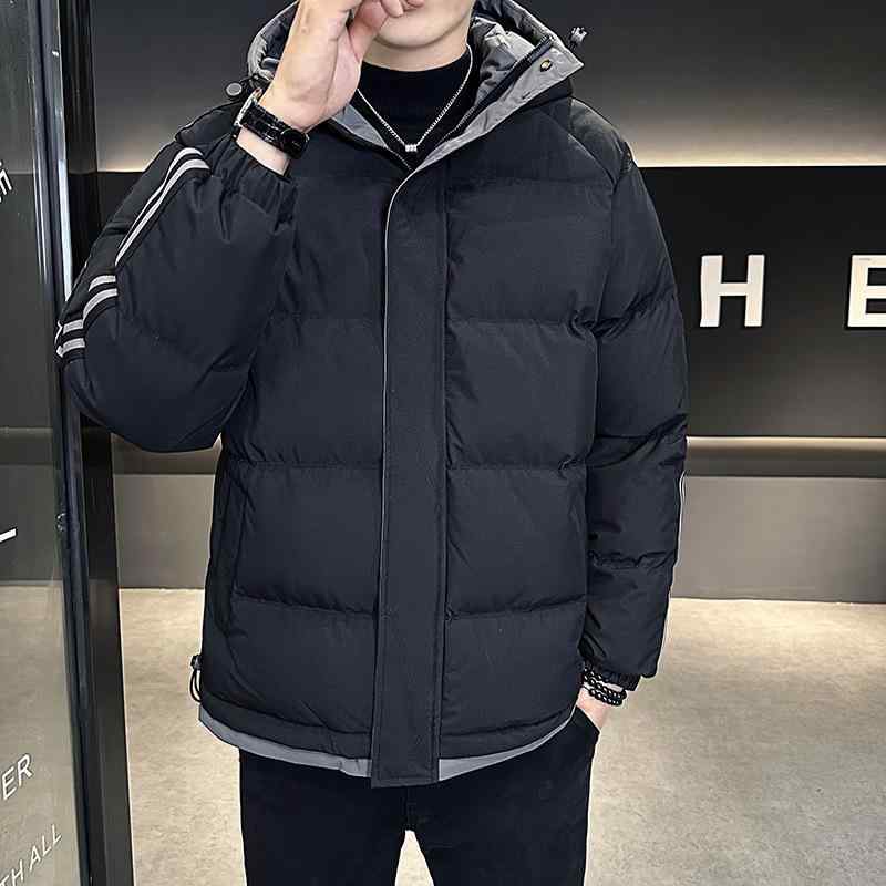 綿入りジャンパー 男性用 大きいサイズ フード付き 防寒着 アウター ポリエステル ストライプ柄 ブラック グレー カーキ 秋冬 黒