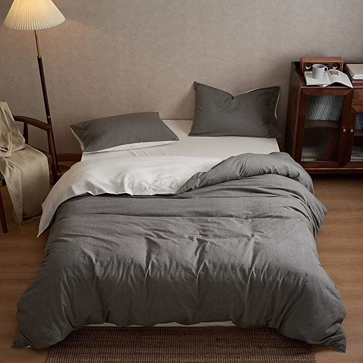 洗いざらし綿100% 布団カバー 4点セット ダブル 洋式和式兼用 ：掛布団カバー ボックスシーツ 枕カバーx2 / 柔らかく 変形しにくく 色あせず(グレー, ダブル)