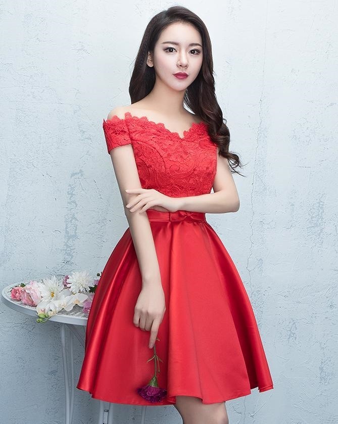1488. オフショルダーミニ丈Aラインドレス（レッド） ブライズメイド 花嫁 二次会 ドレス 結婚式 お呼ばれ 演奏会 2019 春夏 sale