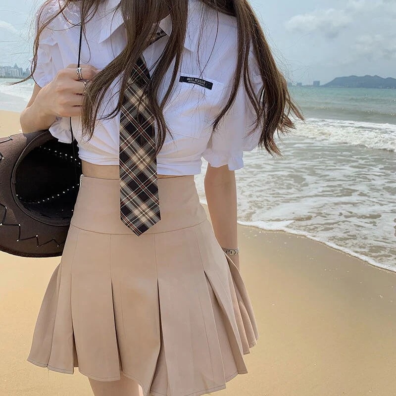 爽やかカジュアル韓国制服半袖シャツ+Aラインプリーツスカート2点セット