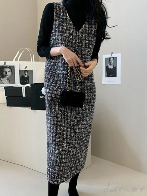 ワンピース ゴージャス Vネック ロング丈 ジャンパースカート レディース ツイード ノースリーブ