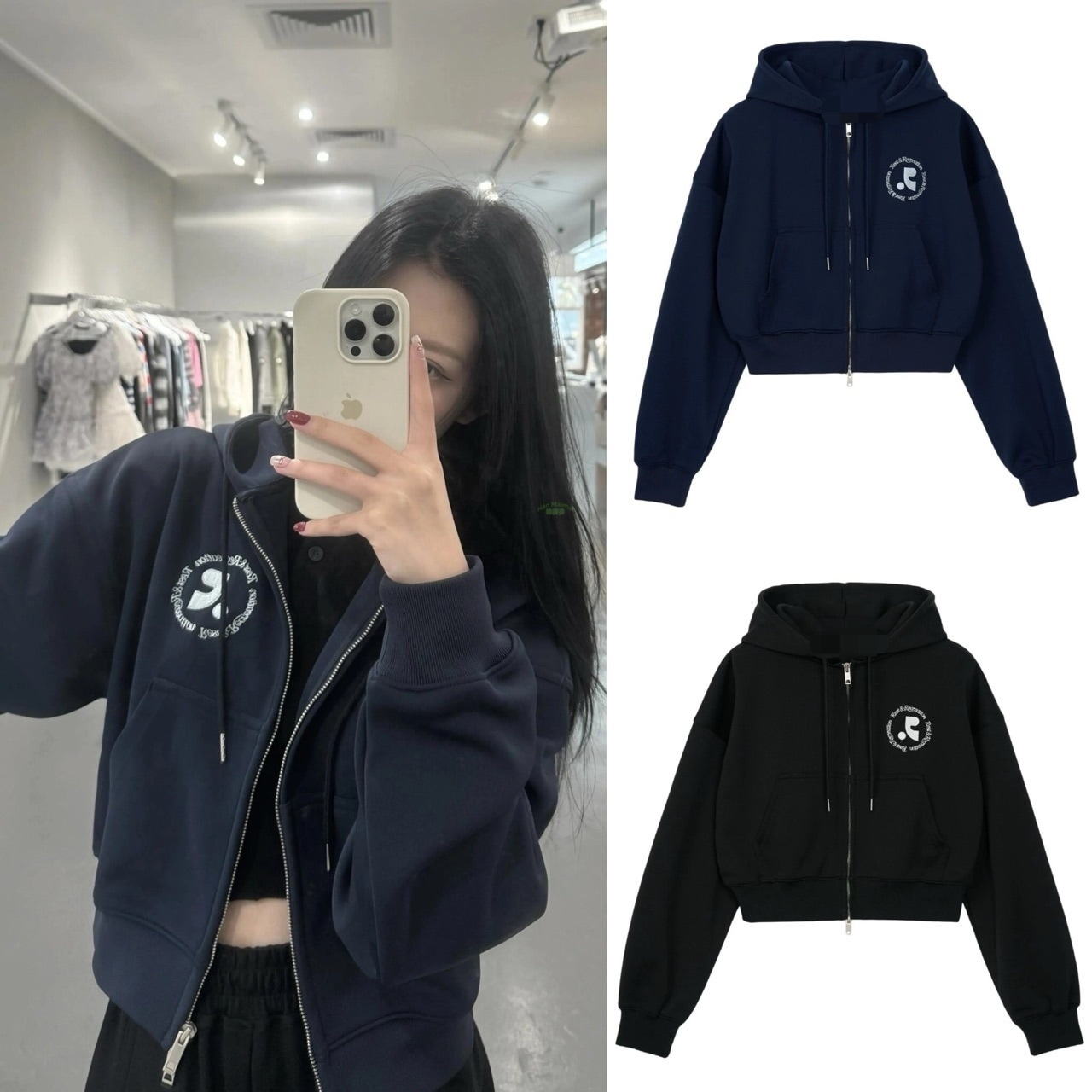 韓国人気 Rest&recreation レストアンドレクリエーション RR ジップパーカー ブラック レディース （2色展開）