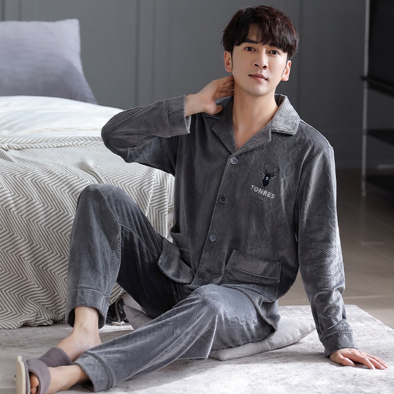 メンズパジャマ秋冬プラスベルベット厚みのあるコーラルベルベットスーツ冬冬アイランドベルベット暖かい長袖ホーム服