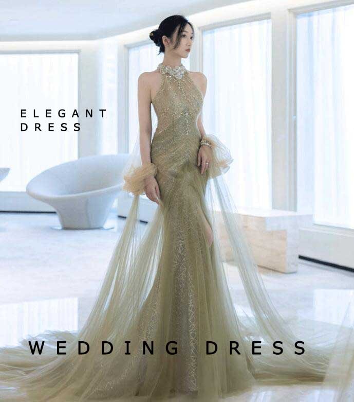 人気 高級感 結婚式 花嫁 ドレス レディース 女性 ロングドレス グリーン ホルターネック 着痩せ トレーン チュール ファスナー メッシュ オシャレ 宴会 披露宴 撮影 前撮り 誕生日 ウェディン