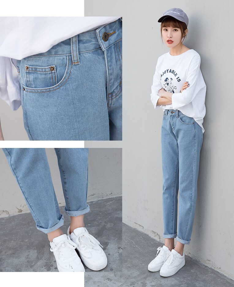 ボトムス デニムパンツ クロップドパンツ デニム ハーレムパンツ ハイウエスト ジッパー 秋 ライトブルー ブルーグレー オフホワイト パンツ ズボン 9分丈 綿 25 26 27 28 29 30