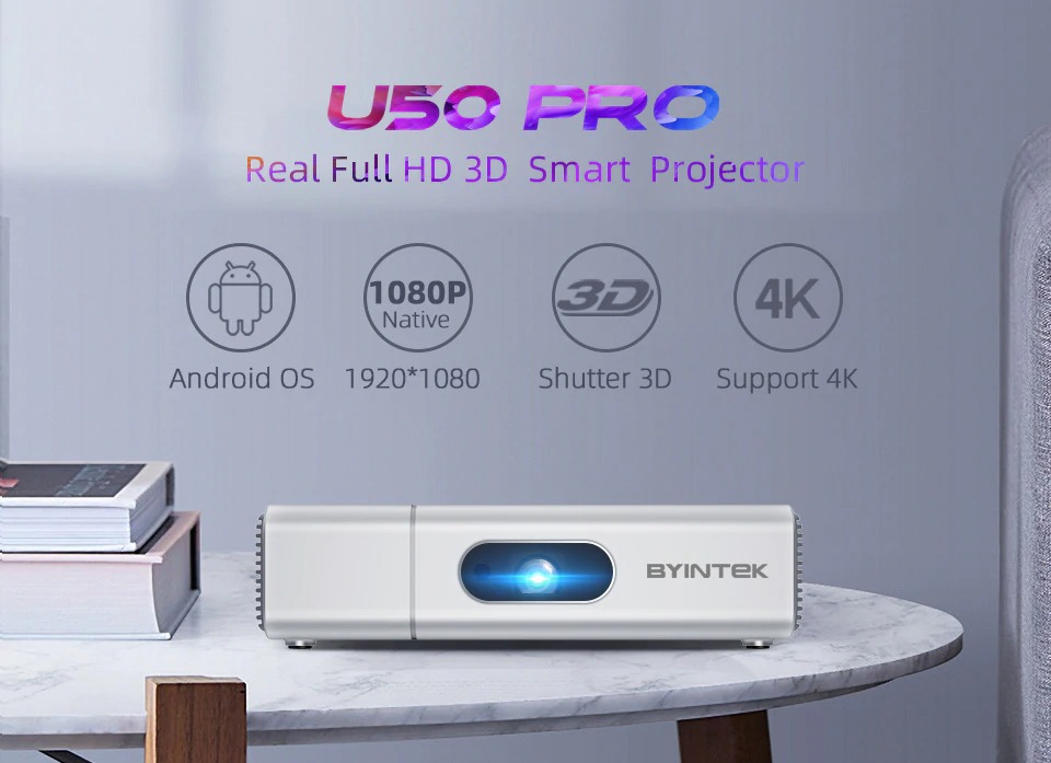700 Ansi Lumens Native 1920*1080P BYINTEK U50 PRO 3D 4K Smart Wifi DLP Projector
