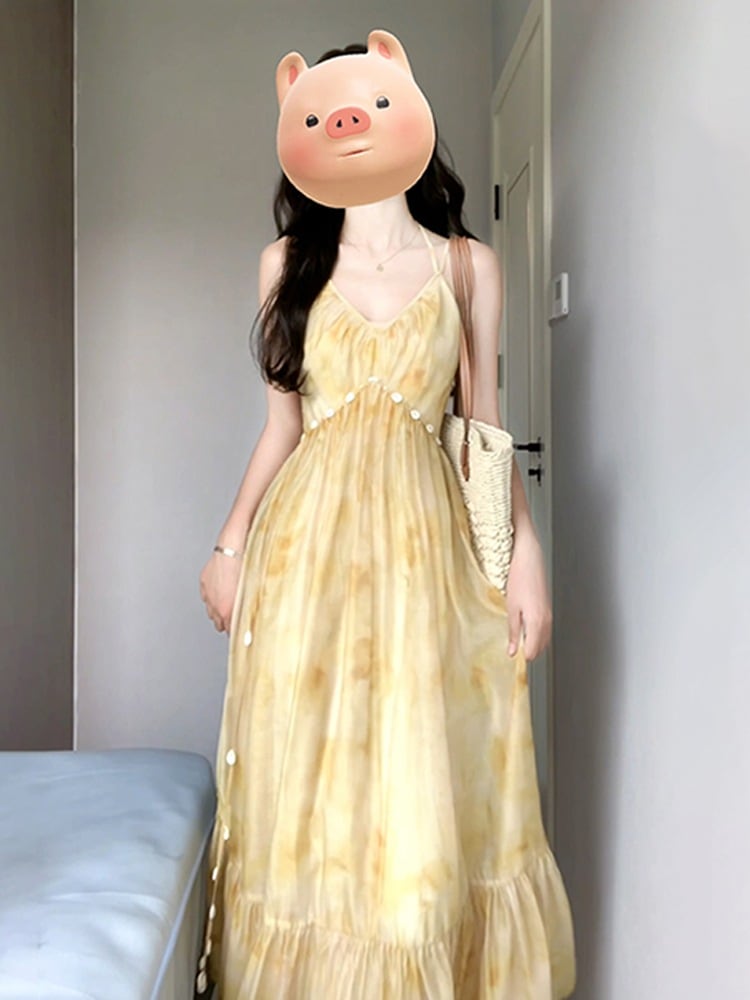 イエローの花柄キャミソールワン今週の割引は 25% オフですピース夏の海辺リゾートロングスカート百掛け着痩せファッション ワンピース メガ割