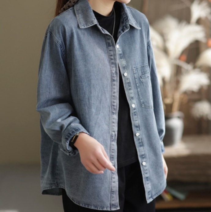 シャツ ブラウス レディース 長袖 襟付き デニム かわいい 大人可愛い きれいめ シンプル カジュアル 無地 春 秋 ママ 学生 お出かけ アウトドア 普段使い ゆったり ブルー ネイビー トップス