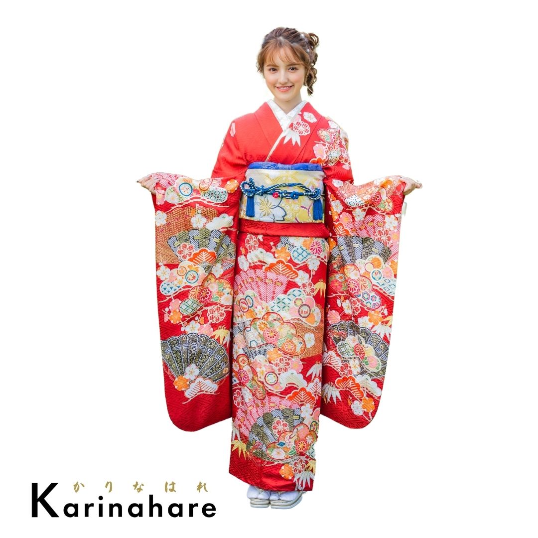 結婚式結納振袖レンタル赤 扇茉菊の柄が描かれた振袖セットF666-108 20,790円