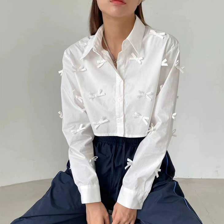 【 急速出荷】ドッキング 長袖シャツ リボン トップス レディース 可愛い 流行 カジュアル きれいめ シンプル 大人可愛い 春 秋 ゆったり 大きめ 無地 オーバーサイズ 長め丈 ホワイ