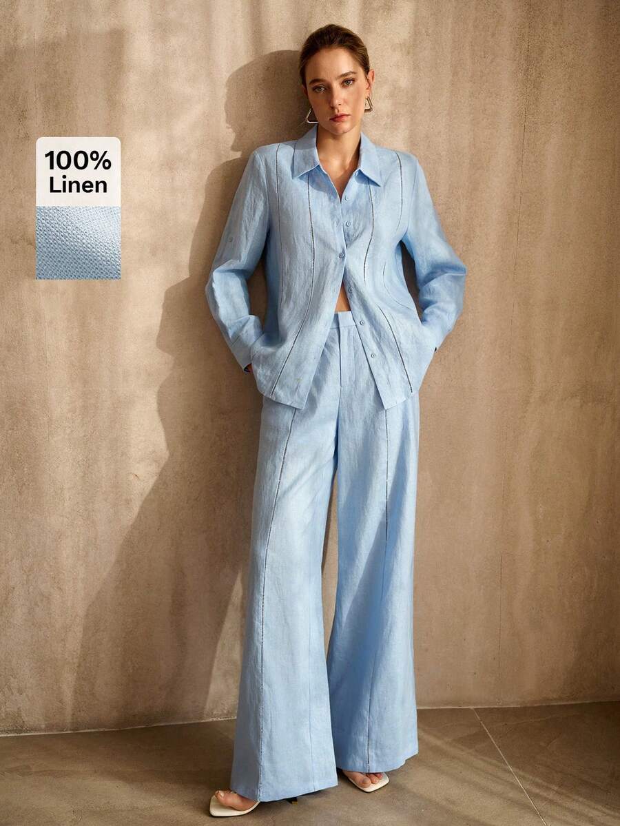 リネン100% ワイドレッグ コンフォートスーツパンツ春夏用