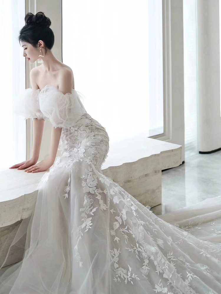 レースブテールライトウェディングドレス2024新作ブライダルメインヤーンレトロシンドアヤーンスモールテール