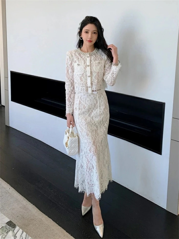 再入荷品セットアップ レディース スカート セットアップ スーツジャケット スカート 総レース セレモニー スーツ 卒業式 きれいめ ノーカラー ロング スカート レース タイト フォーマル エレガン