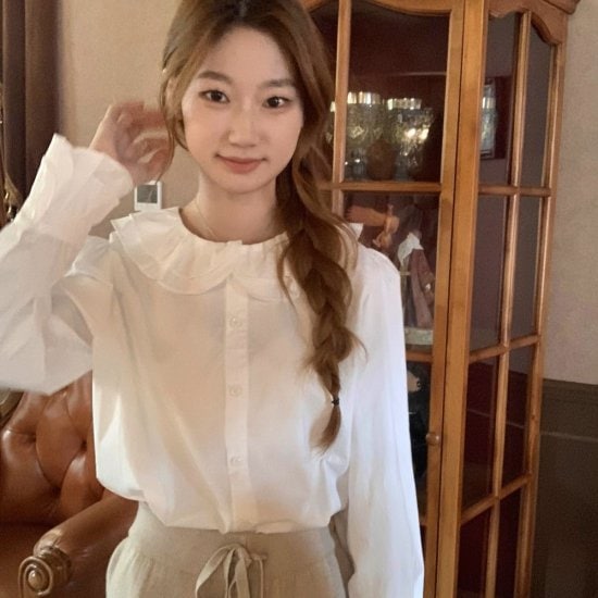 長袖ブラウス レディース フリルカラー シャツ ブラウス 長袖 フリル コットン 無地 シンプル レトロ クラシカル かわいい ガーリー フェミニン カジュアル エレガント おでかけ おしゃれ