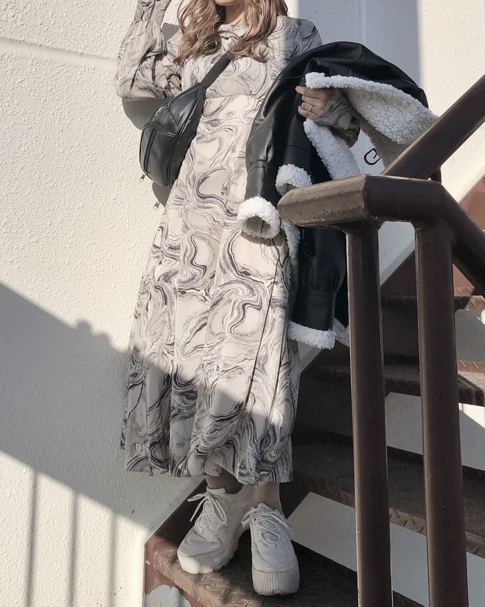 A.D.G レディース ワンピース マーブルフレアロングワンピース（グレー）