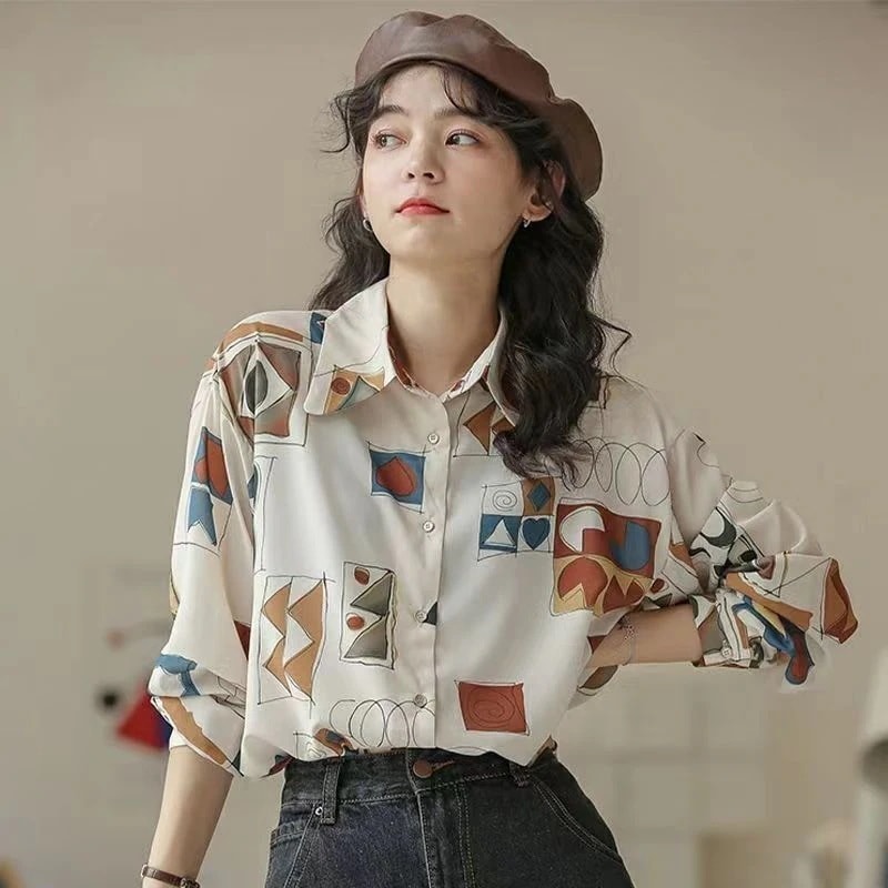 デザイン感レトロプリントゆったり長袖シャツ女2024新作カジュアルシャツ薄手コートトップス