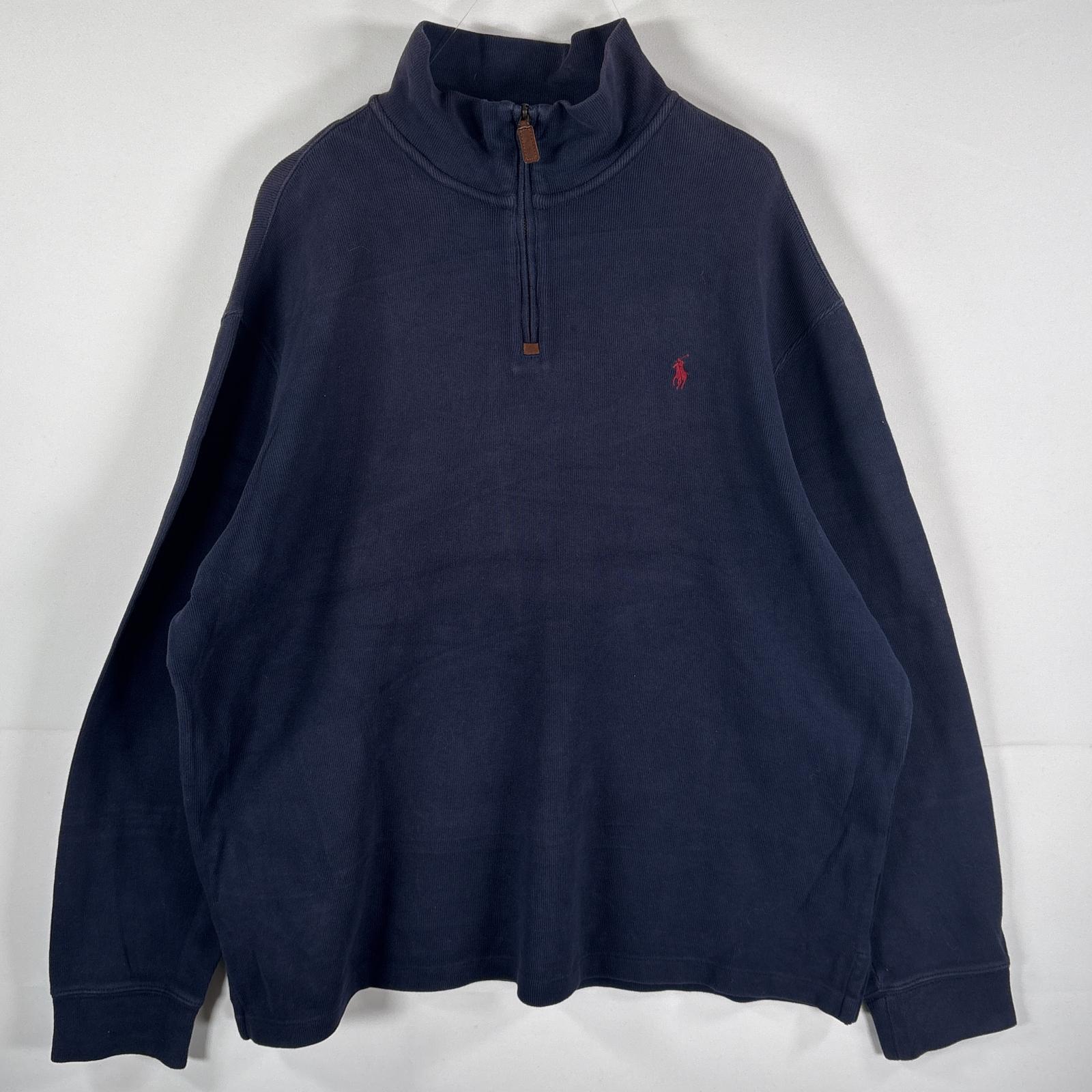 古着 コットンニット ハーフジップ ワンポイントロゴ刺繍 ビッグサイズ XXL ネイビー メンズ