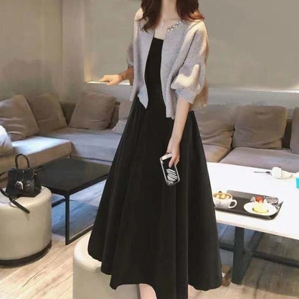 【人気沸騰】 2点セット七分袖 カーディガン+キャミ ワンピース