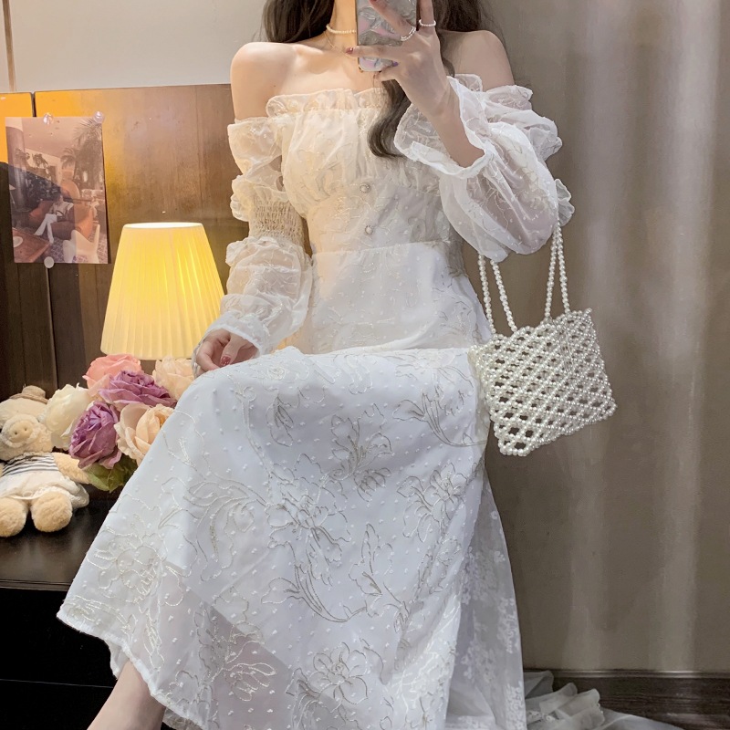 レディース 花柄ライン ロング ワンピース ドレス オフショルダー 2WAY シャーリング ハイウエスト お呼ばれ パーティー フォーマル 大人可愛い ママコーデ ママファッション 韓国系 オルチャン