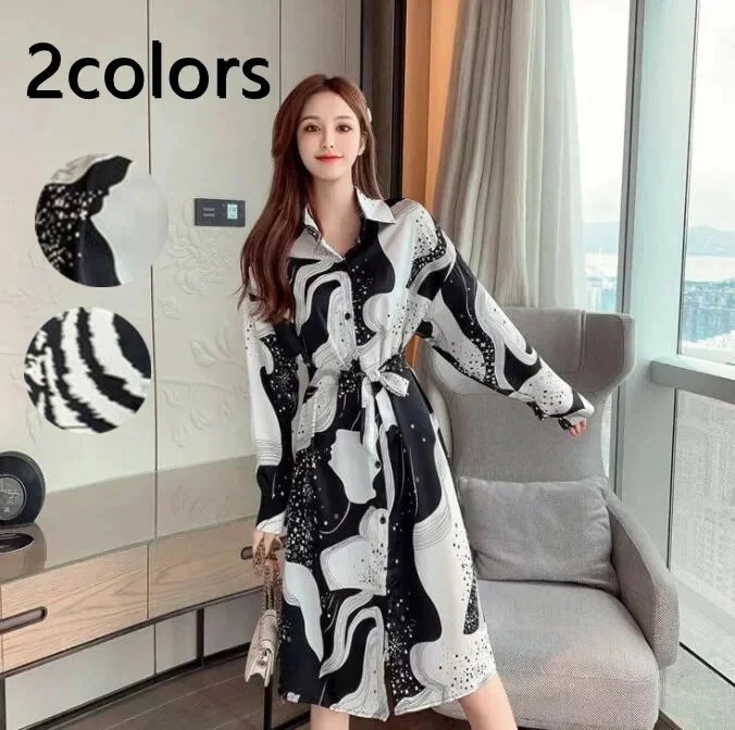 ワンピースレディースシャツワンピースAラインフレアワンピーストップスロングワンピースロングマキシ丈シンブルゼブラヒョウ柄きれいめワンピ七分袖大きいサイズゆったり通勤体型カバーカジュアルナチュラル