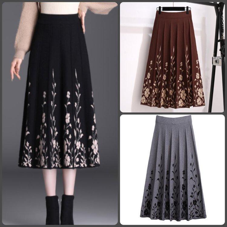 ニットスカート 花柄 ロングスカート ひざ下丈・ミモレ丈 Aライン・フレア ハイウェスト カジュアル系 大人可愛い 冬 お出かけ