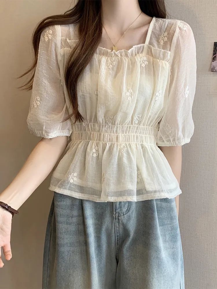 2025新作人気ロングTシャツブラウス刺繍シフォンシャツサマーショートスイートシャツレディーストップシフォン半袖最安値保証品質良い