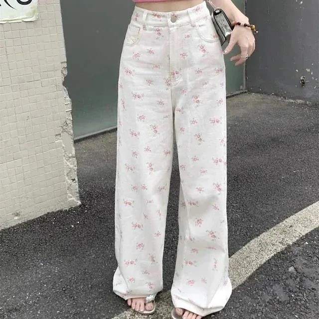 パンツ デニム ジーンズ 花柄 ピンクの花 ワイド ストレート ハイウエスト 脚長効果 美脚効果 細見え 白 ホワイト カジュアル レディース お出かけ化粧ポーチ-大容量