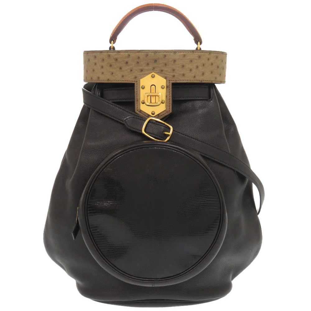 美品 スマック ショルダーバッグ オーストリッチ/リザード/ヴォ―ガリバー ブラック U刻印 0264【中古】 ユニセックス 220,000円