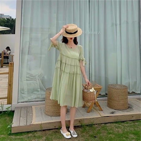 甘美ワンピース森系　清新な雰囲気　赤　ゆったりした初恋の抹茶グリーンのスカート