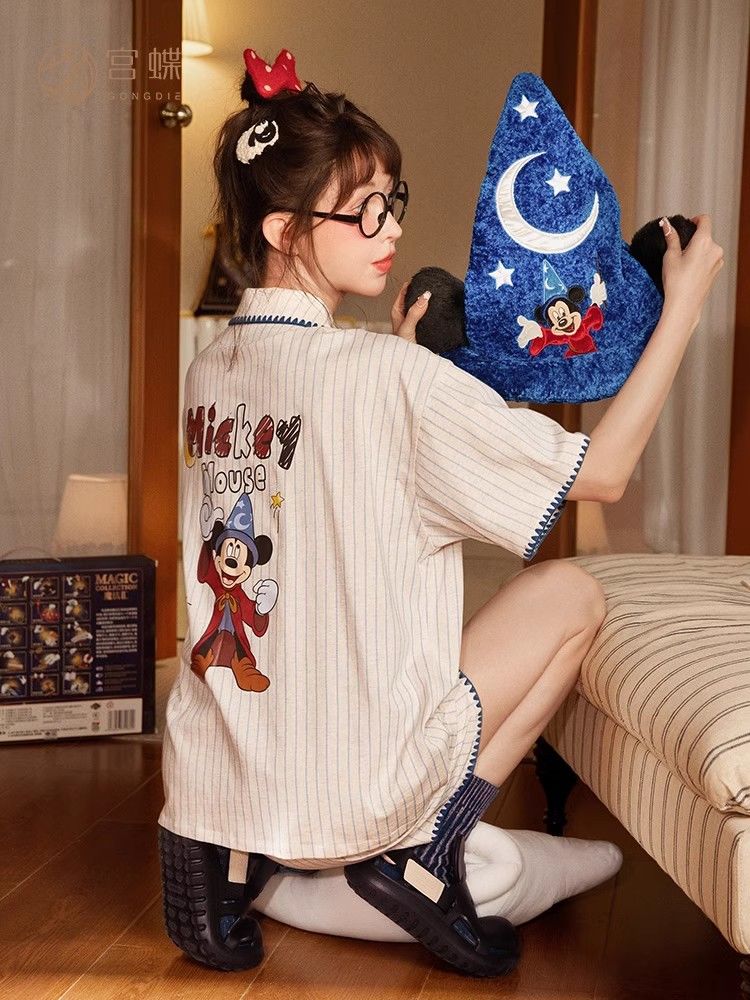 宮蝶【涼感タイプ】ミッキーパジャマ女性半袖モーダルコットンカジュアルストライプのホームウェア夏