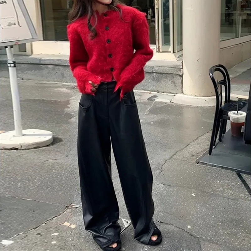 アメリカンレトロマーリンセット（レディース）秋冬ニットカーディガンセータージャケットスリムフィットレザーパンツのツーピースセット