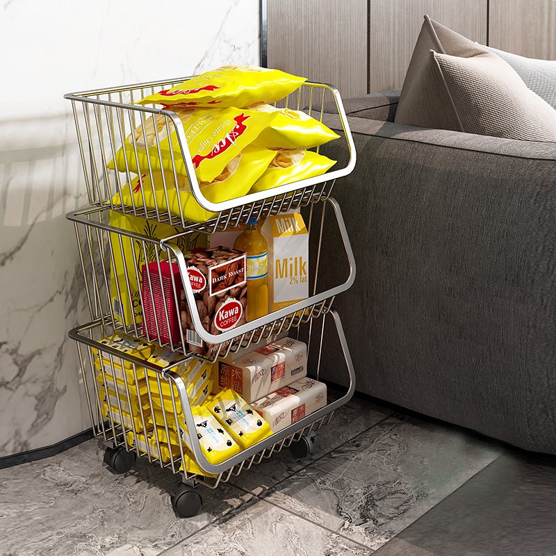 キッチンワゴン バスケットトローリー 幅36.5奥行41.8高さ20cm 3段 キャスター付き メッシュタイプ 北欧 組立品 収納ラック