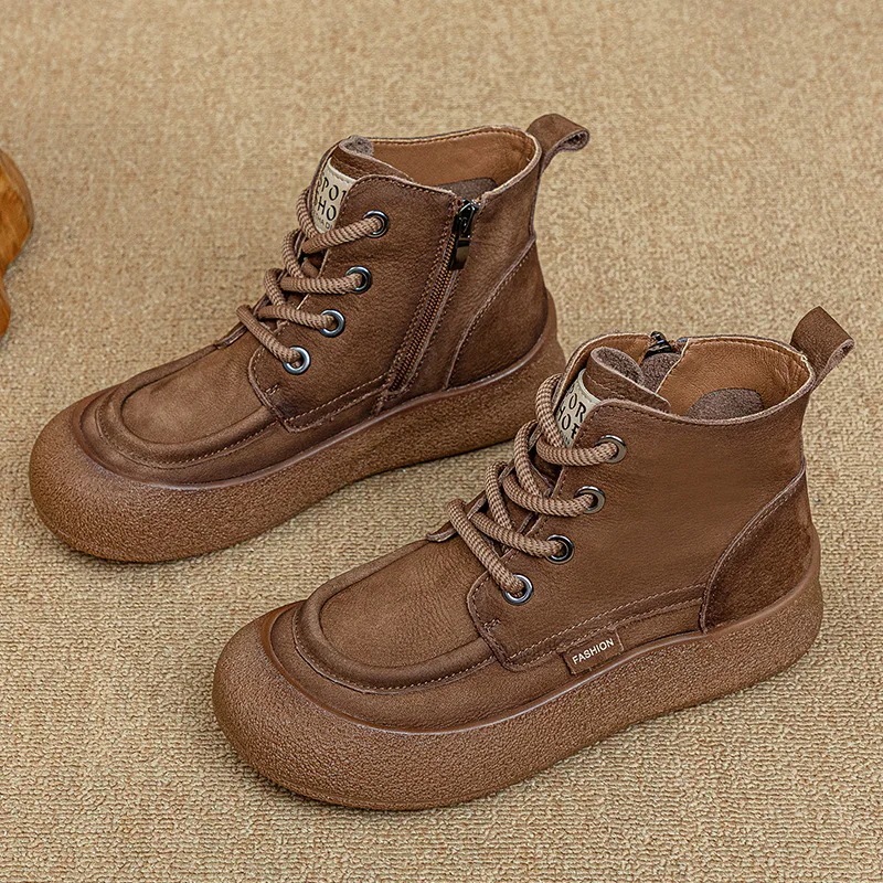 牛革ヌバック本革ショートブーツレディースレトロカジュアル厚底サイドファスナー