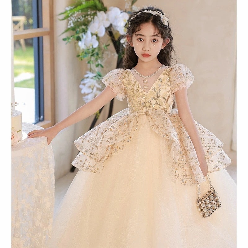 子供ドレス シャンパン色 ピアノ発表会ドレス ロングドレス 演奏会ドレス 女の子 フォーマル スパンコール パールボタン 可愛い 女児ドレス 七五三ドレス ショート丈 子供 ドレス キッズドレス 子ど