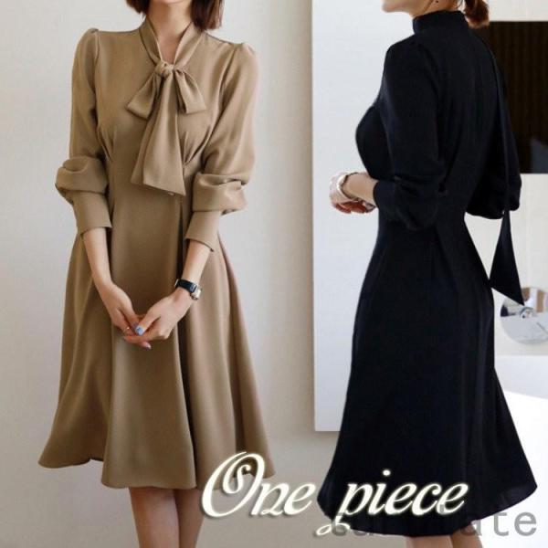 春物 秋服 ひざ丈 ドレス レディース Vネック 長袖 カジュアル め おしゃれ 韓国 卒業式 服 母 着痩せ 通勤 OL