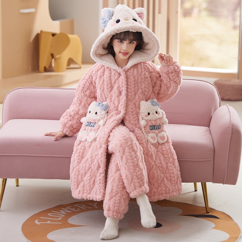 子供用珊瑚絨毯パジャマ秋冬3段綿フランネルロングキティ女の子部屋着パジャマセット