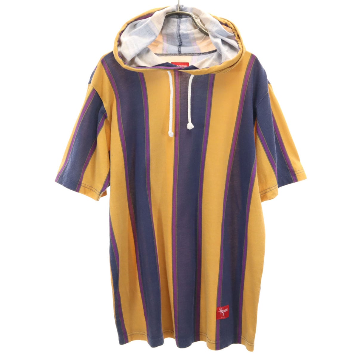 ストライプ柄 半袖 フーディー Tシャツ S ネイビー メンズ 古着