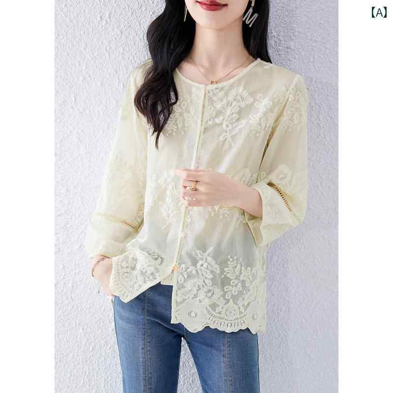 トップス レディース おしゃれ 上品 通勤 オフィス カジュアル 夏 七分袖 美しい 刺繍 シャツ ラウンドネック チャイナ風 西洋