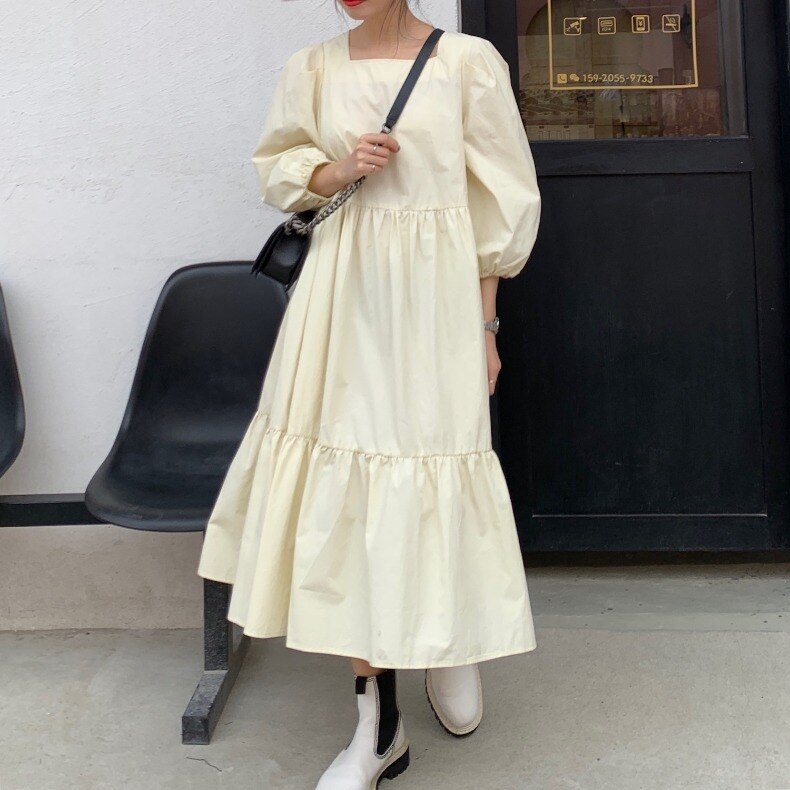 2色 ワンピース 半袖 春夏 カジュアル ロング シャツワンピース ティアード ミモレ丈 ロング丈 七分袖 パフスリーブ スクエアネック フレア Aライン ウエストマーク ファスナー 色展開 ブラック