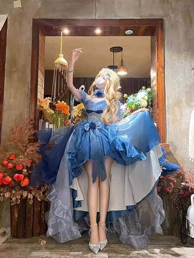 ブルー前短後ろ長ウェディングドレス ロリータドレス ワンピース ロリータ重工末尾ふわふわプリンセスドレス