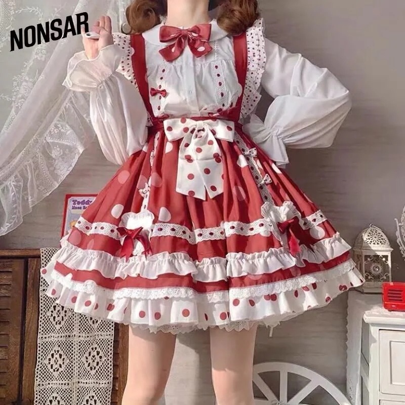 【3日で出荷】かわいい女の子ロリータドレスデイリーカワイイロリータJSKレッドポルカドットストラッ