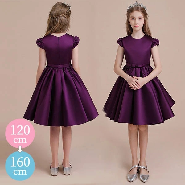 ドレス ピアノ 発表会 子供ドレス ワンピース 半袖 パフスリーブ ひざ丈 無地 光沢 お姫様 着やせ 上品 エレガント 女の子 結婚式 フォーマル 大人っぽい 誕生日 フレアスカート 110 120